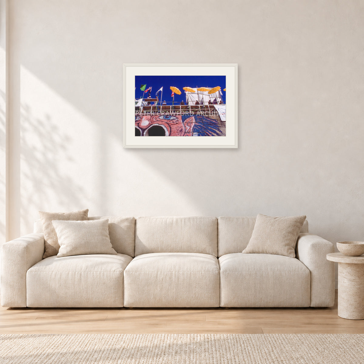 OP Bondi 87 OnTheNose by Peter Crawford — 60 × 40 cm, white frame with white mat, shown in a light minimalist living room.