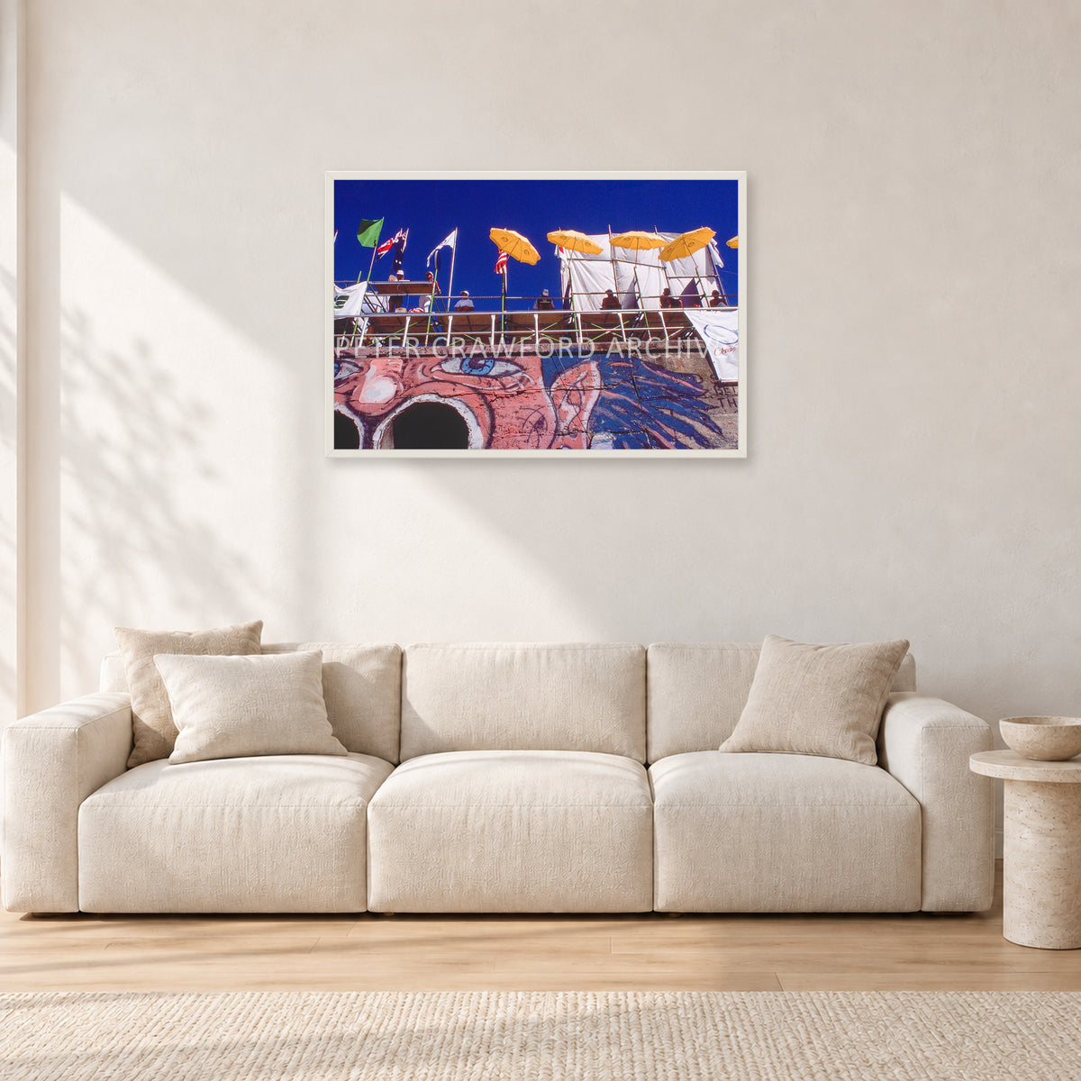 OP Bondi 87 OnTheNose by Peter Crawford — 90 × 60 cm, white frame, shown in a light minimalist living room.