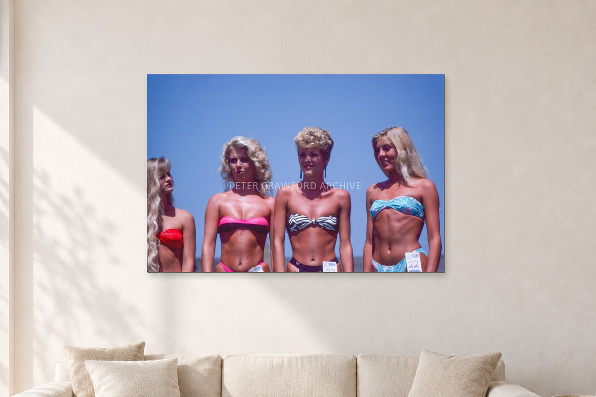OP Pro Pageant, 1985 by Peter Crawford — 120 × 80 cm, aluminium-mounted resin print, shown in a light minimalist living room.