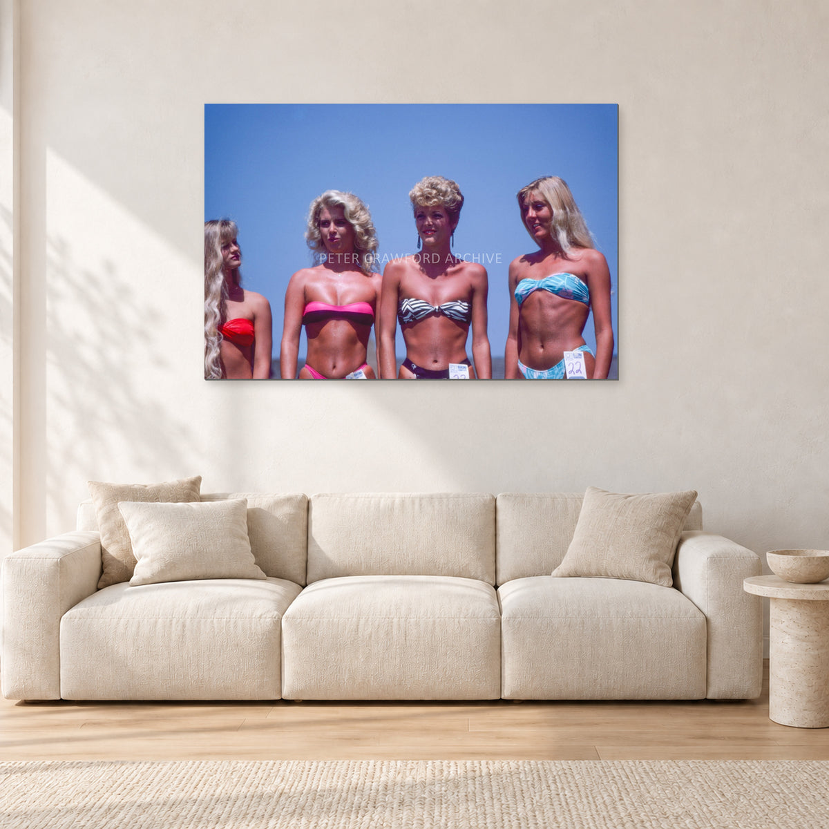 OP Pro Pageant, 1985 by Peter Crawford — 120 × 80 cm, aluminium-mounted resin print, shown in a light minimalist living room.