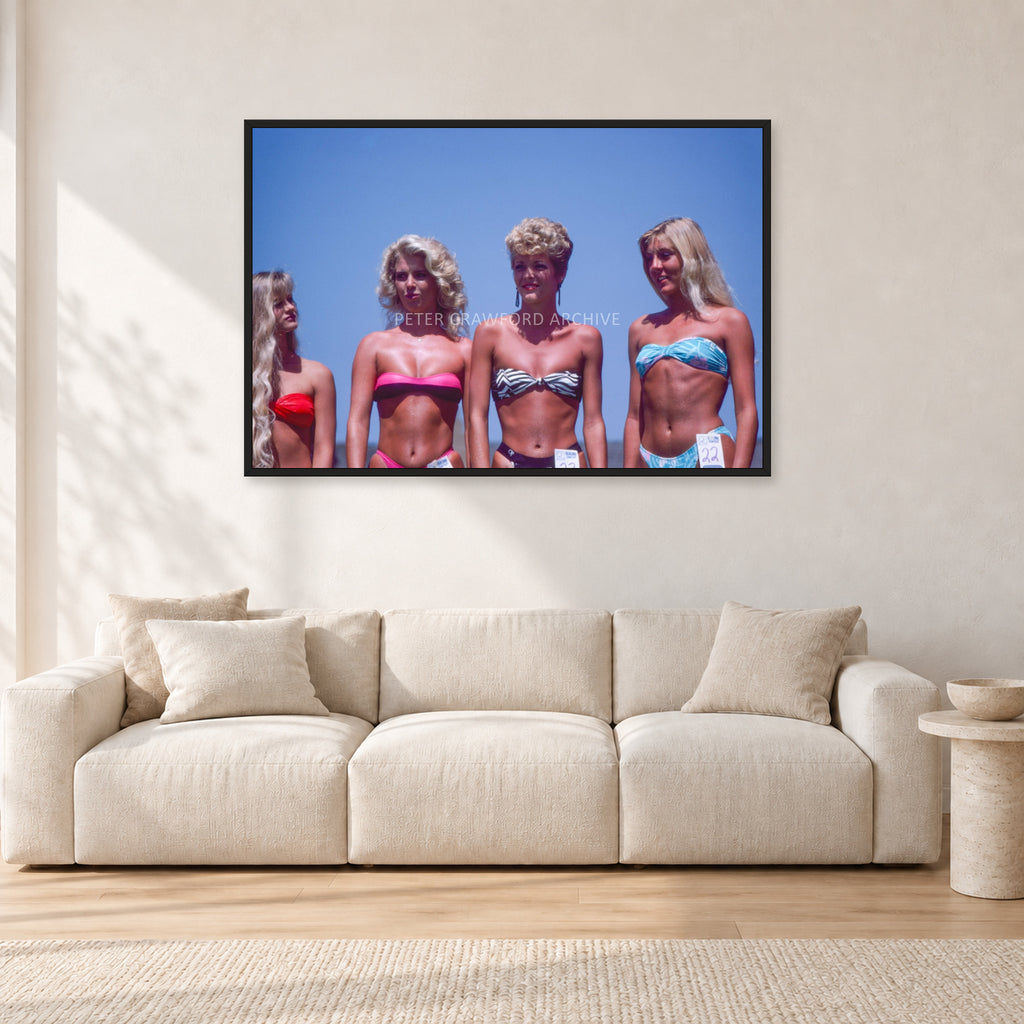 OP Pro Pageant, 1985 by Peter Crawford — 120 × 80 cm, black frame, shown in a light minimalist living room.