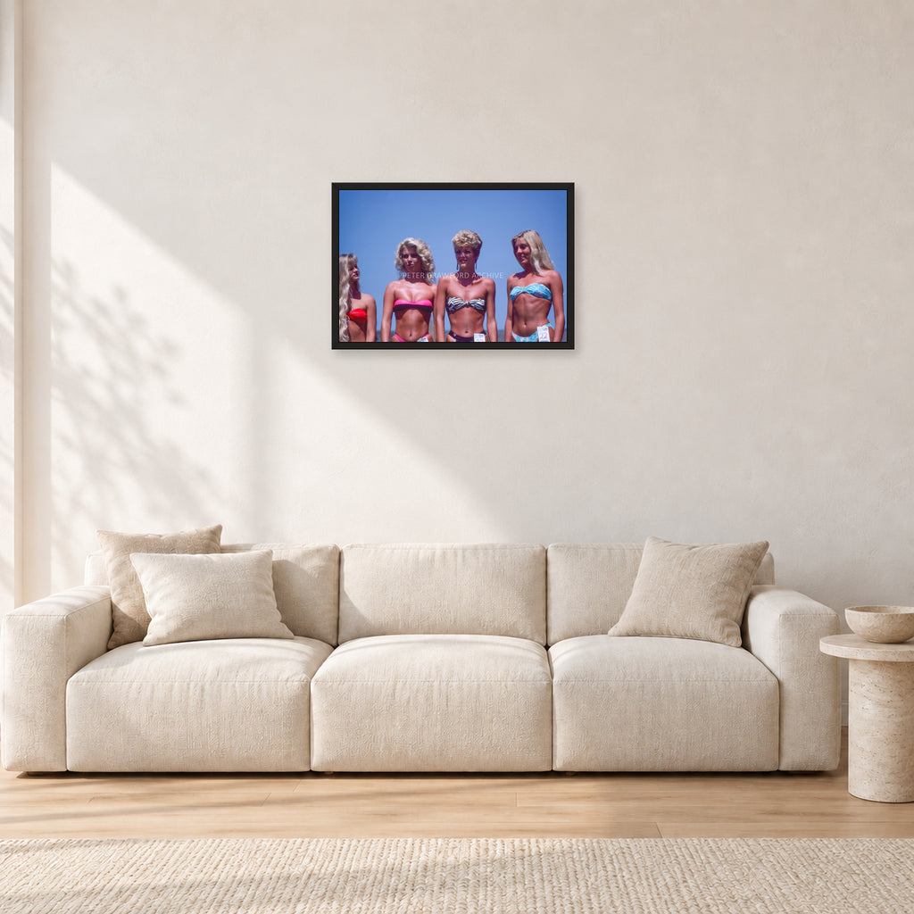 OP Pro Pageant, 1985 by Peter Crawford — 60 × 40 cm, black frame, shown in a light minimalist living room.