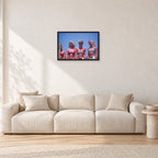 OP Pro Pageant, 1985 by Peter Crawford — 60 × 40 cm, black frame, shown in a light minimalist living room.