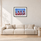 OP Pro Pageant, 1985 by Peter Crawford — 60 × 40 cm, black frame with white mat, shown in a light minimalist living room.