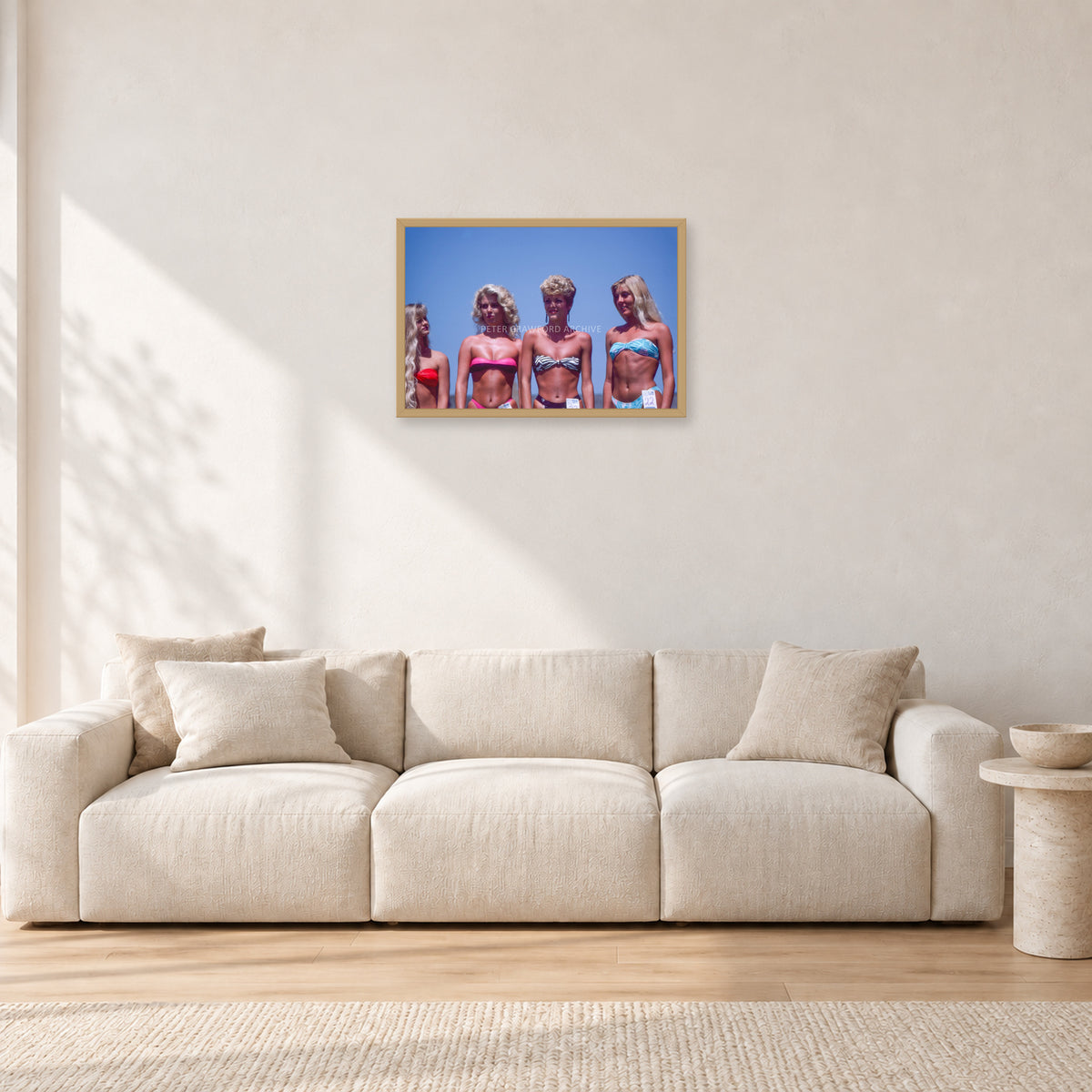 OP Pro Pageant, 1985 by Peter Crawford — 60 × 40 cm, hayseed frame, shown in a light minimalist living room.