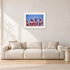 OP Pro Pageant, 1985 by Peter Crawford — 60 × 40 cm, white frame with white mat, shown in a light minimalist living room.