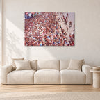 Op Pro Crowd 85 by Peter Crawford — 120 × 80 cm, aluminium-mounted resin print, shown in a light minimalist living room.