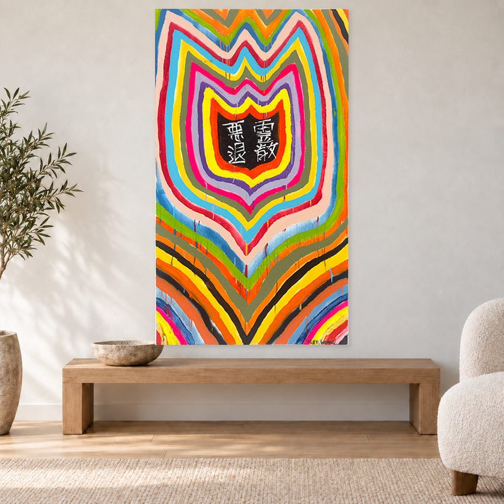 Ozzie Wright - BAD VIBES SHEILD, 92 cm wide by 160 cm high, displayed above an oak bench in a neutral room