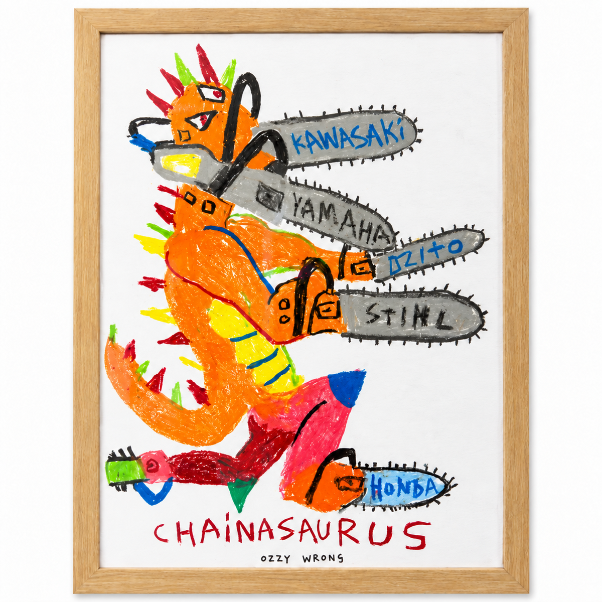 Ozzie Wright - CHAINASAURUS, standalone oil-stick artwork in its natural oak frame