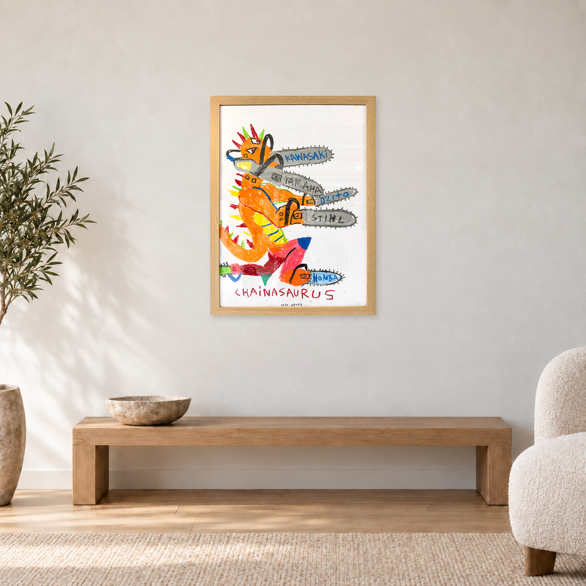 Ozzie Wright - CHAINASAURUS, displayed at 68 × 90 cm including frame above an oak bench in a neutral room