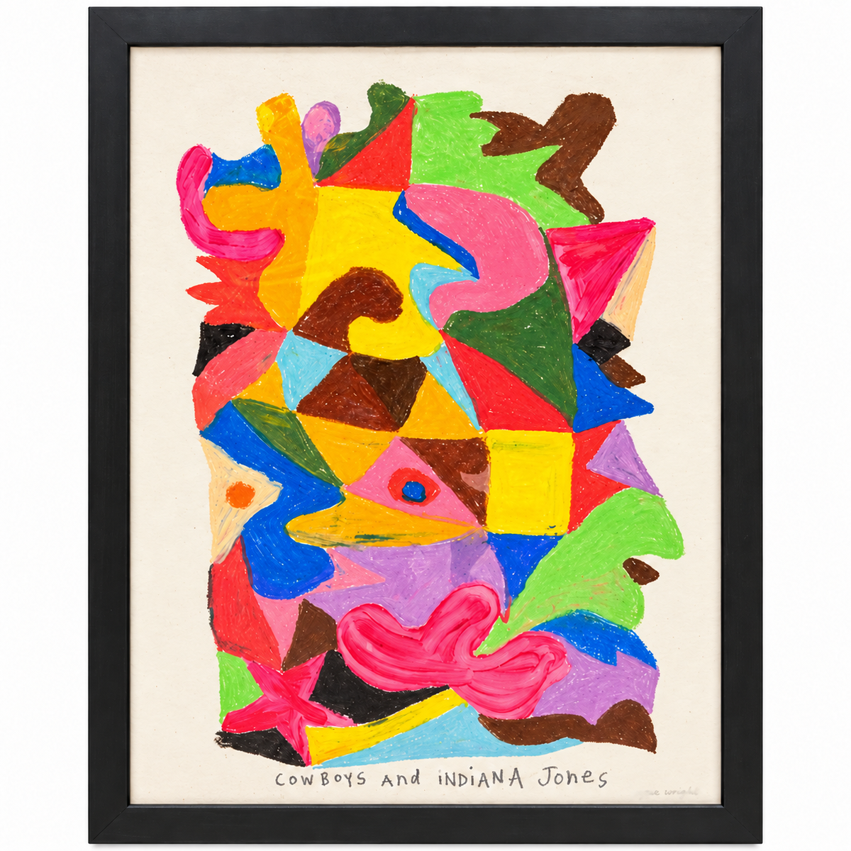 Ozzie Wright - COWBOYS AND INDIANA JONES, standalone oil-stick artwork in its black frame