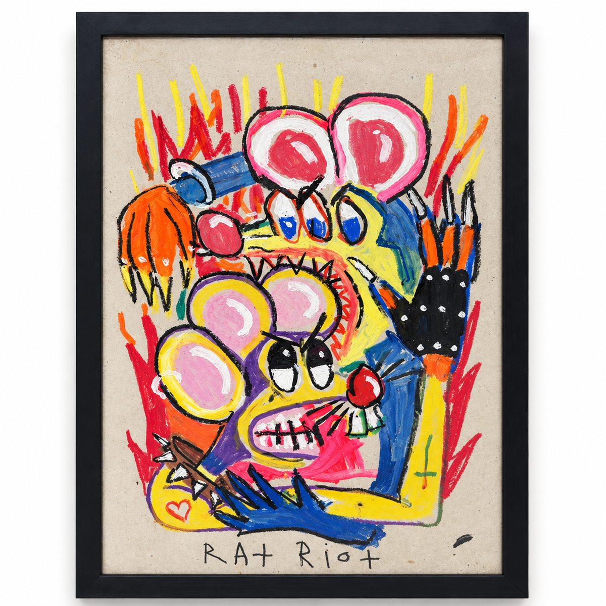 Ozzie Wright - RAT RIOT, standalone view of the oil-stick artwork in its black frame