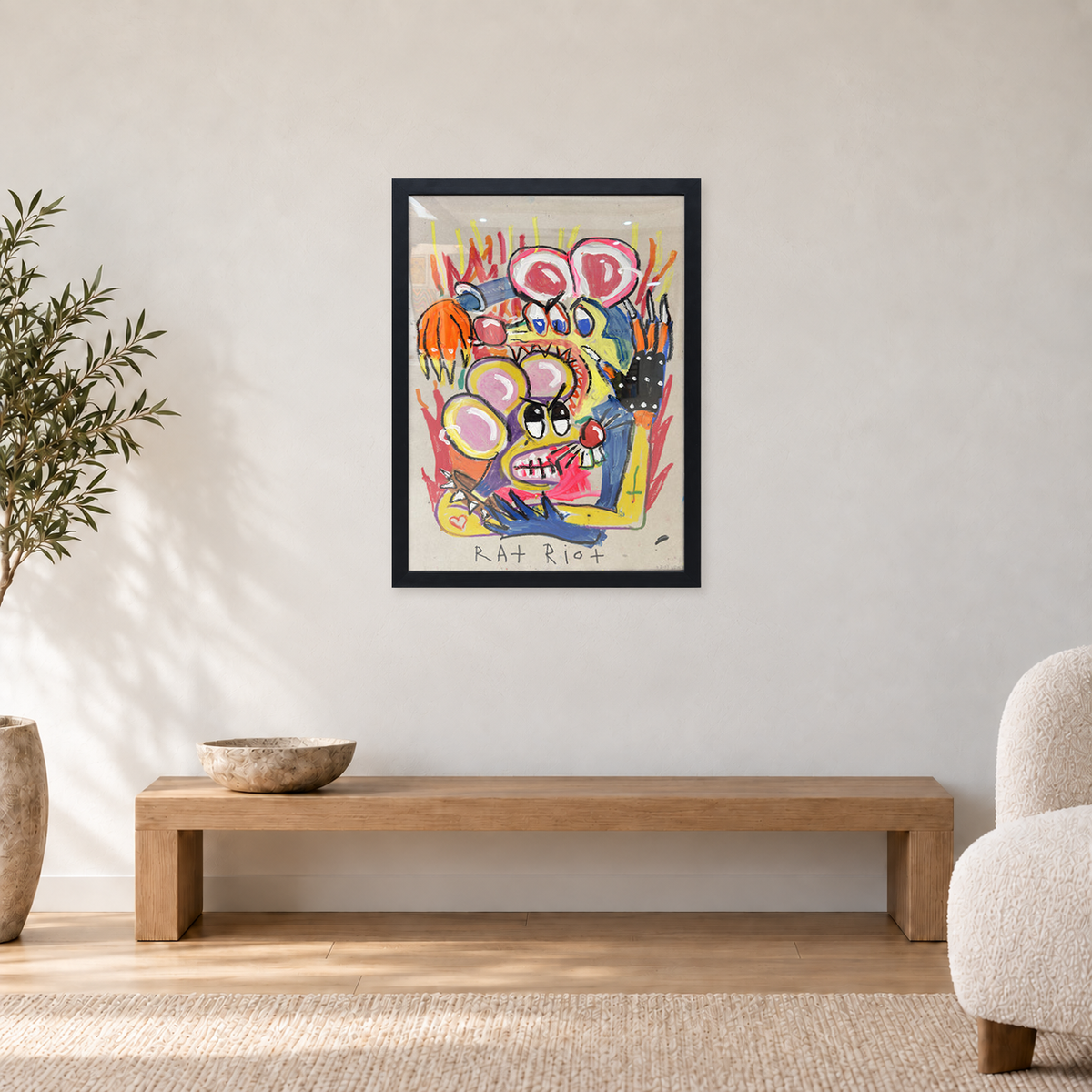 Ozzie Wright - RAT RIOT, displayed at 68 × 90 cm including frame above an oak bench in a neutral room