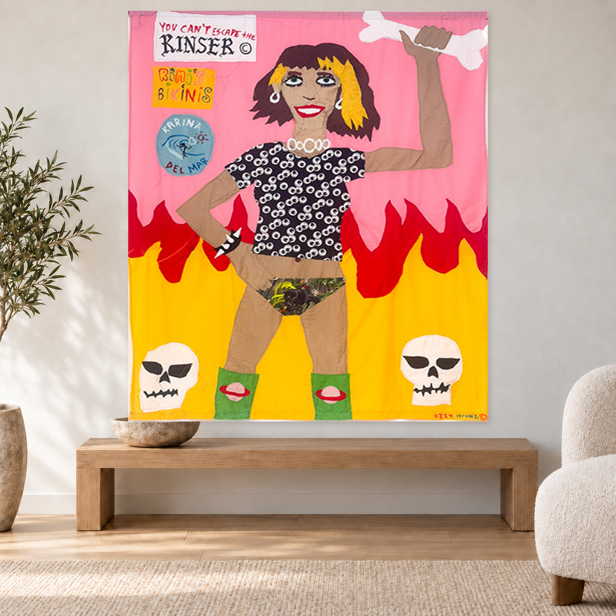 Ozzie Wright - RINSER, displayed at 140 × 160 cm above an oak bench in a neutral room