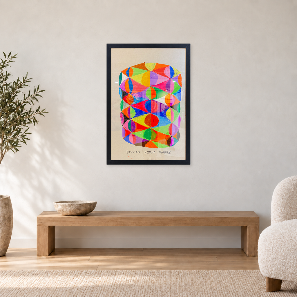 Ozzie Wright - TROJAN HORSE, displayed at 68 × 98 cm including frame above an oak bench in a neutral room