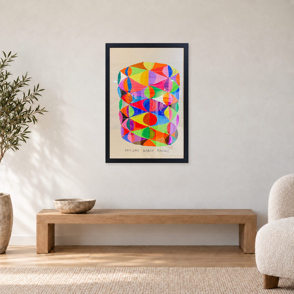 Ozzie Wright - TROJAN HORSE, displayed at 68 × 98 cm including frame above an oak bench in a neutral room