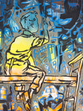 Painting Boy by David Bromley: a seated boy painting against a blue patterned background.