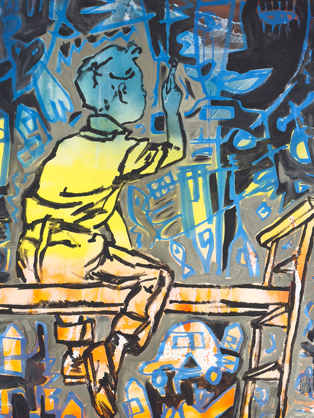 Painting Boy by David Bromley: a seated boy painting against a blue patterned background.