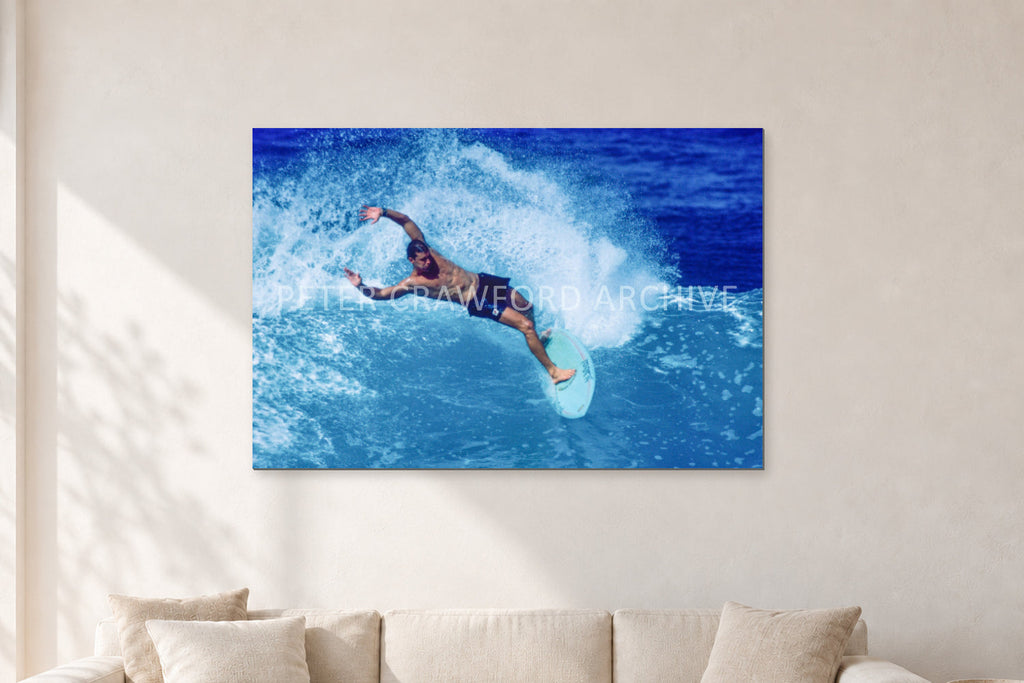 Paul Burnett, Hawaii 1989 by Peter Crawford — 120 × 80 cm, aluminium-mounted resin print, shown in a light minimalist living room.