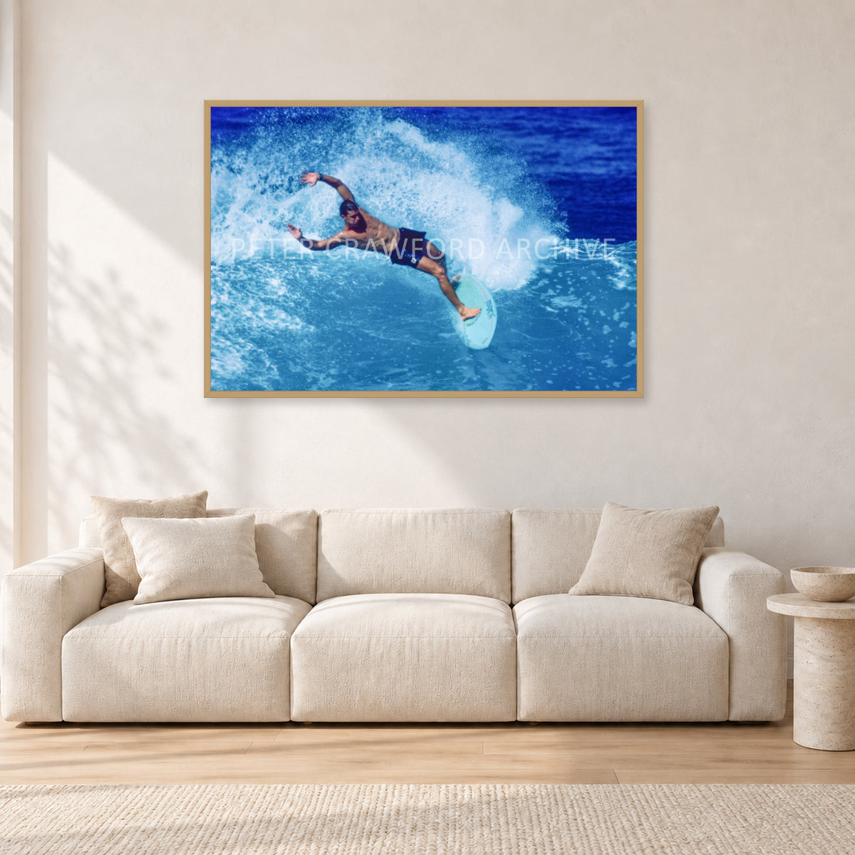 Paul Burnett, Hawaii 1989 by Peter Crawford — 120 × 80 cm, hayseed frame, shown in a light minimalist living room.