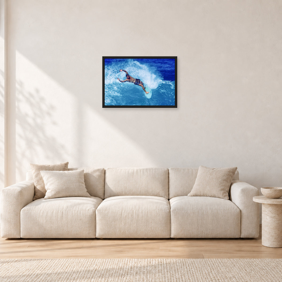 Paul Burnett, Hawaii 1989 by Peter Crawford — 60 × 40 cm, black frame, shown in a light minimalist living room.