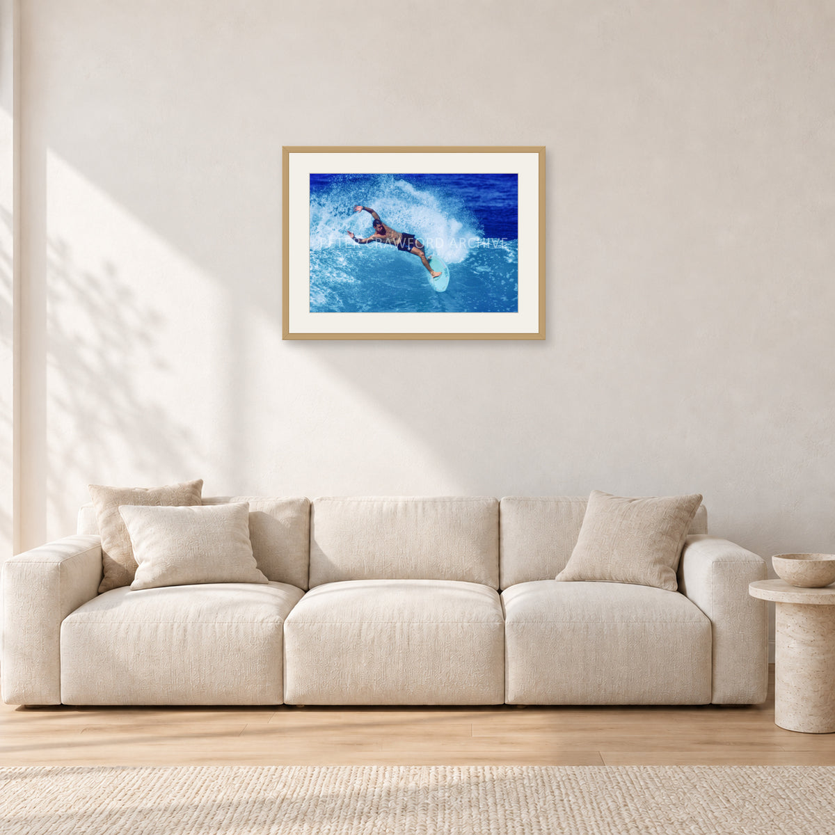 Paul Burnett, Hawaii 1989 by Peter Crawford — 60 × 40 cm, hayseed frame with white mat, shown in a light minimalist living room.