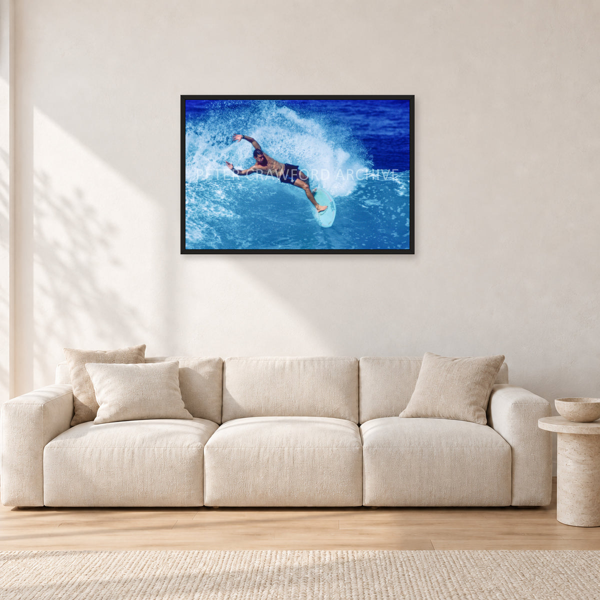Paul Burnett, Hawaii 1989 by Peter Crawford — 90 × 60 cm, black frame, shown in a light minimalist living room.