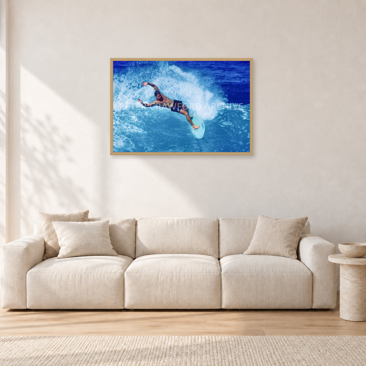 Paul Burnett, Hawaii 1989 by Peter Crawford — 90 × 60 cm, hayseed frame, shown in a light minimalist living room.