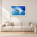 Paul Burnett, Hawaii 1989 by Peter Crawford — 90 × 60 cm, hayseed frame with white mat, shown in a light minimalist living room.