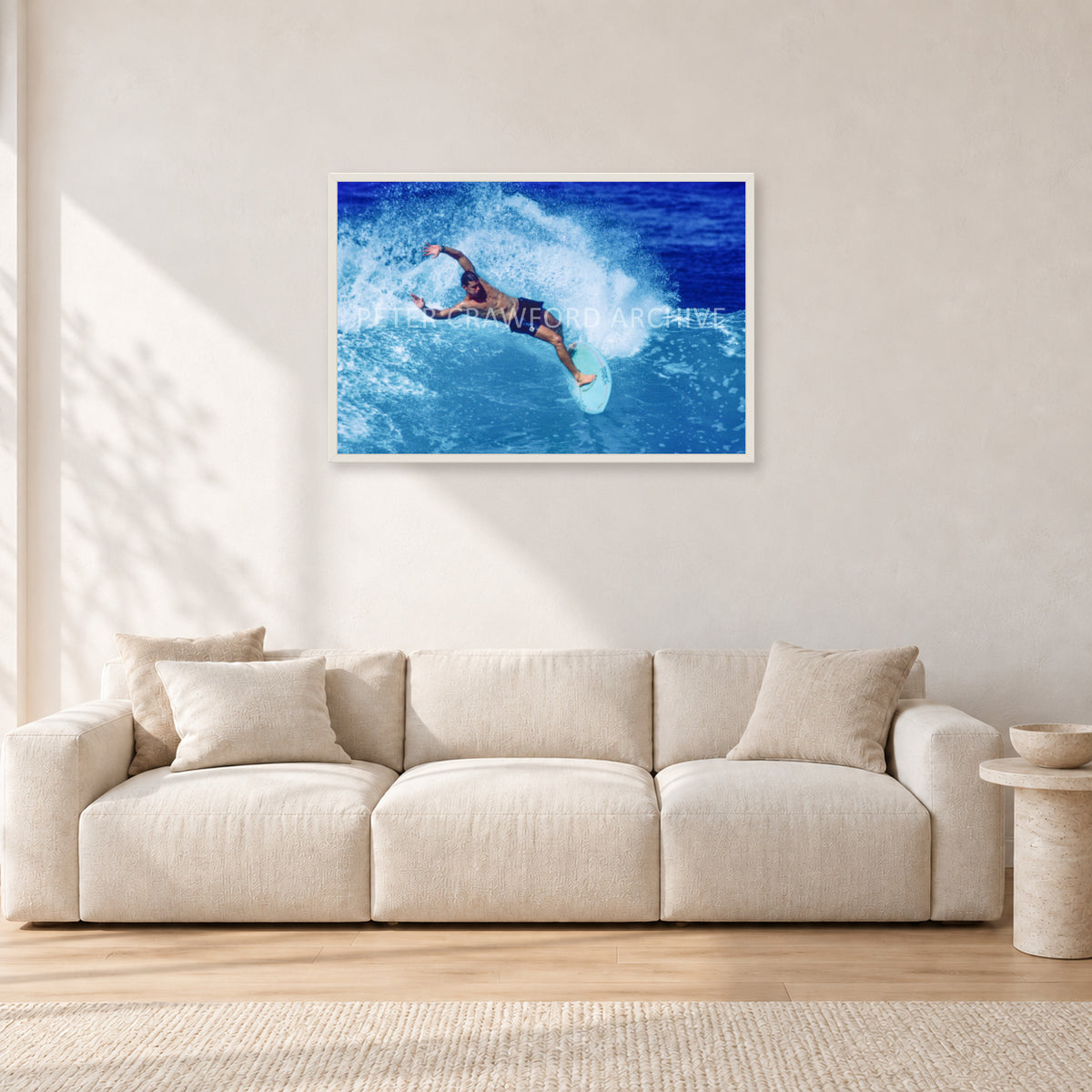 Paul Burnett, Hawaii 1989 by Peter Crawford — 90 × 60 cm, white frame, shown in a light minimalist living room.