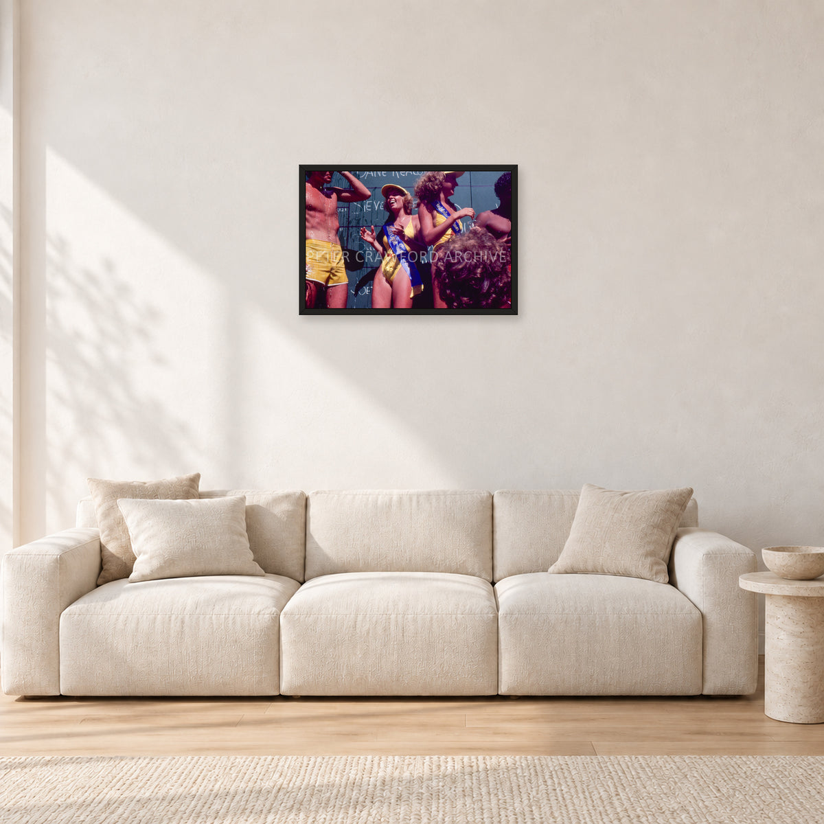 Peter Harris Champ ShowerStubbies 80 by Peter Crawford — 60 × 40 cm, black frame, shown in a light minimalist living room.