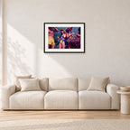 Peter Harris Champ ShowerStubbies 80 by Peter Crawford — 60 × 40 cm, black frame with white mat, shown in a light minimalist living room.
