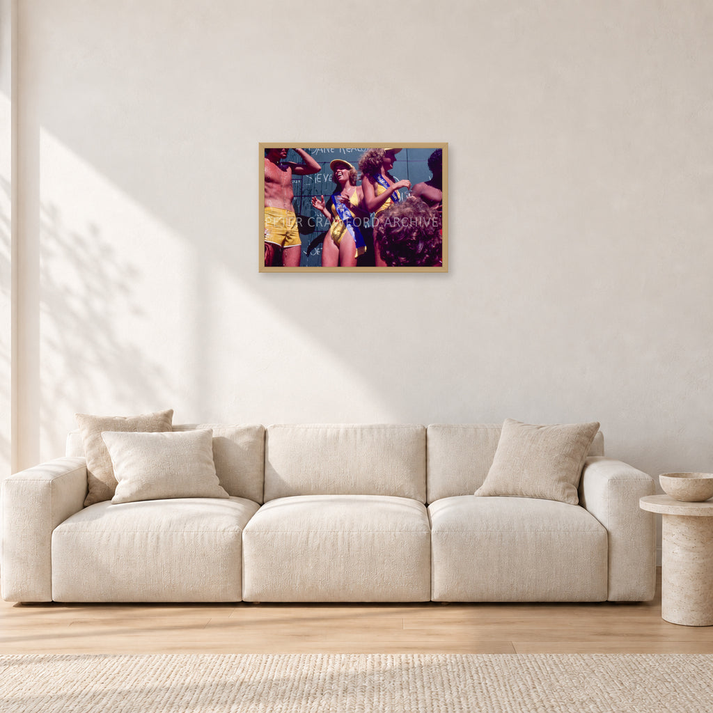 Peter Harris Champ ShowerStubbies 80 by Peter Crawford — 60 × 40 cm, hayseed frame, shown in a light minimalist living room.