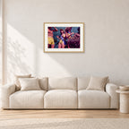 Peter Harris Champ ShowerStubbies 80 by Peter Crawford — 60 × 40 cm, hayseed frame with white mat, shown in a light minimalist living room.