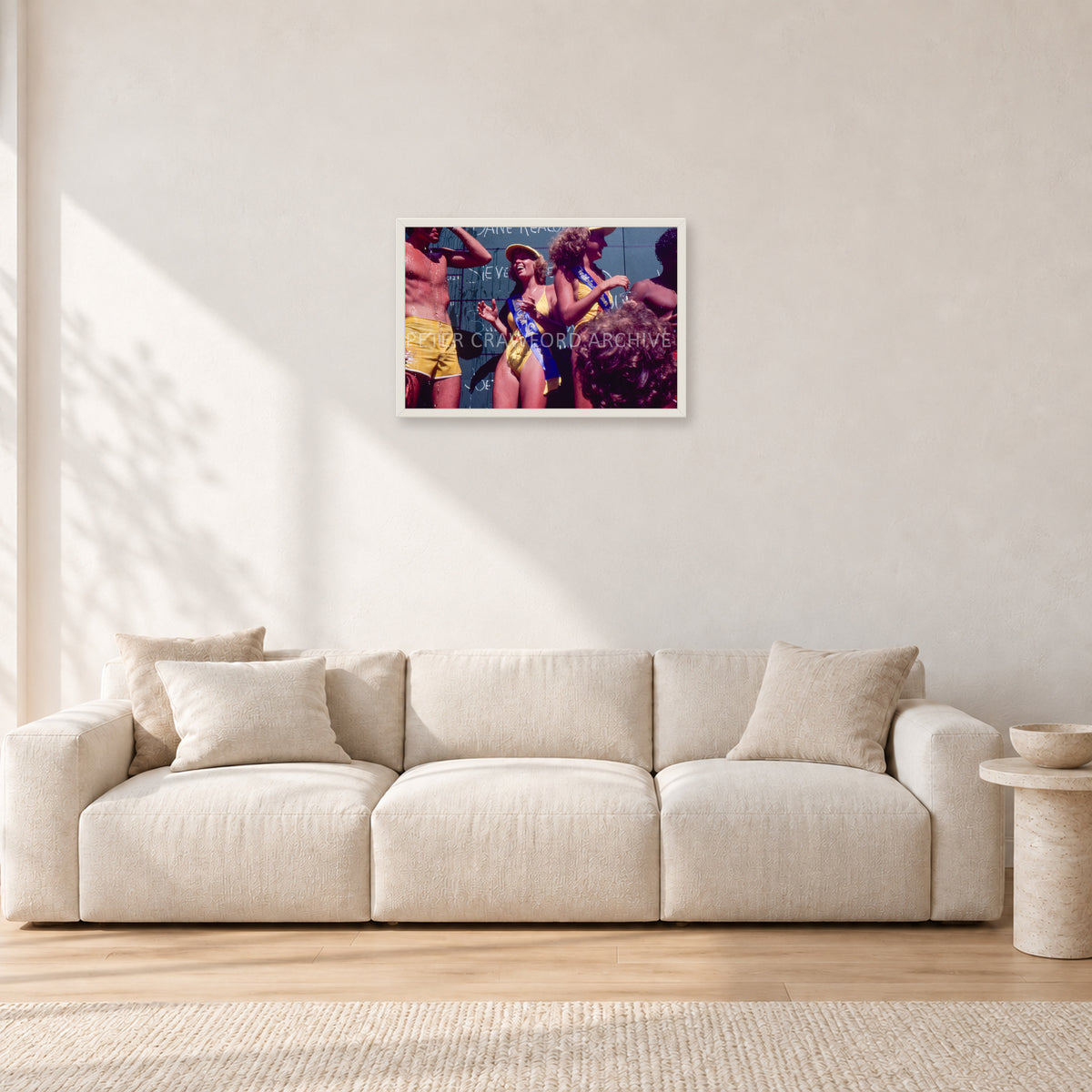 Peter Harris Champ ShowerStubbies 80 by Peter Crawford — 60 × 40 cm, white frame, shown in a light minimalist living room.