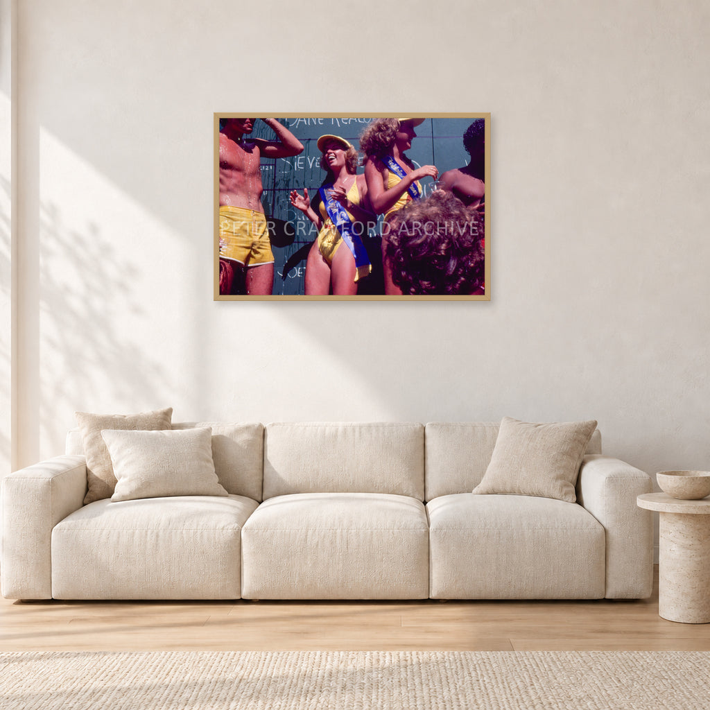 Peter Harris Champ ShowerStubbies 80 by Peter Crawford — 90 × 60 cm, hayseed frame, shown in a light minimalist living room.