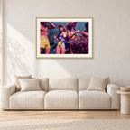 Peter Harris Champ ShowerStubbies 80 by Peter Crawford — 90 × 60 cm, hayseed frame with white mat, shown in a light minimalist living room.