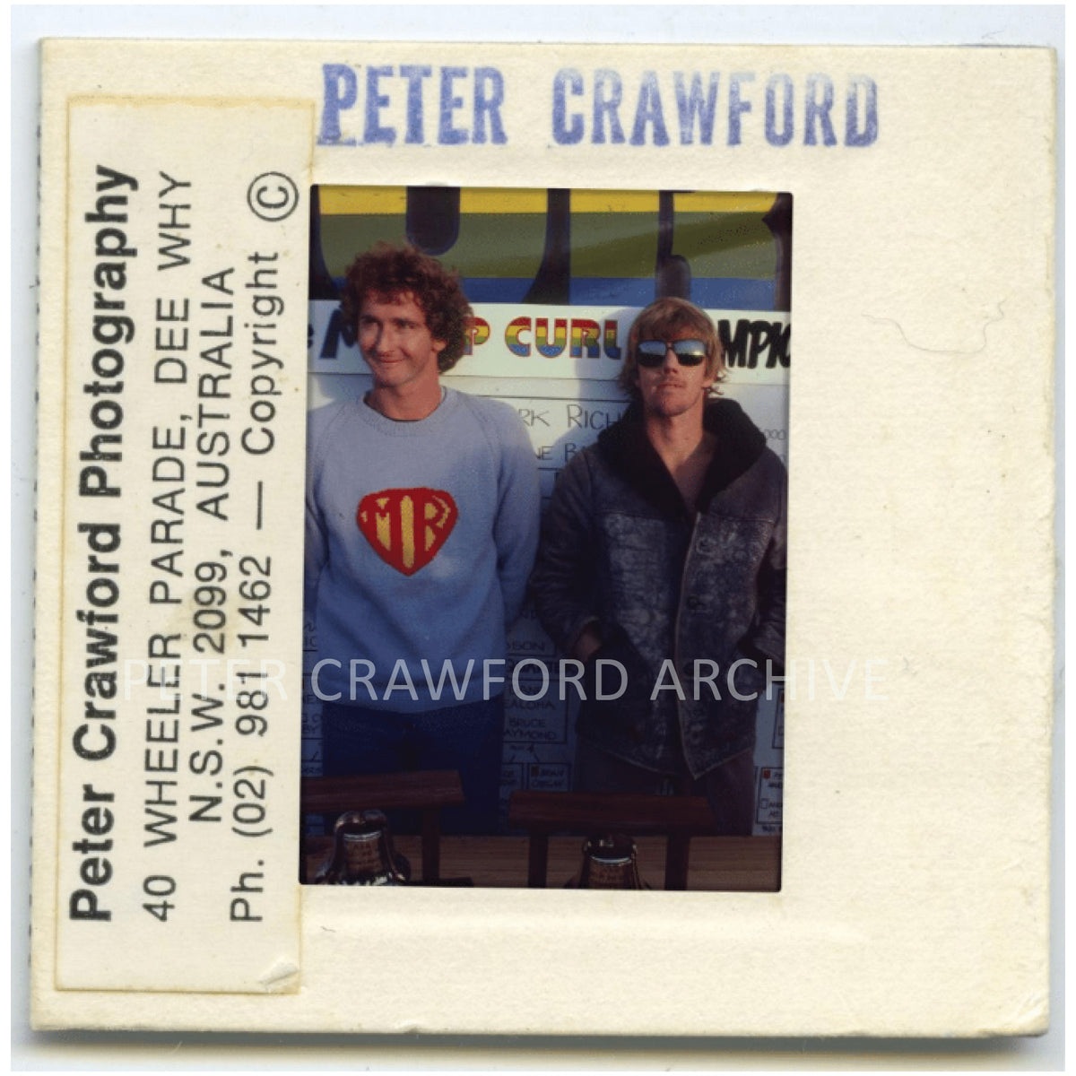 Mark Richards and Wayne Bartholomew at the 1980 Rip Curl Pro presentation at Bells Beach. Peter Crawford Archive.