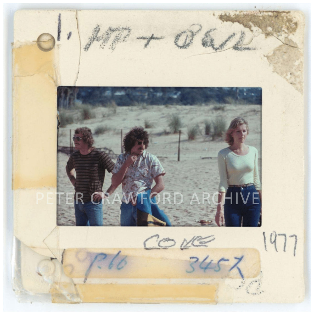 Michael Peterson and Owl Chapman on the beach at North Narrabeen. Peter Crawford Archive.