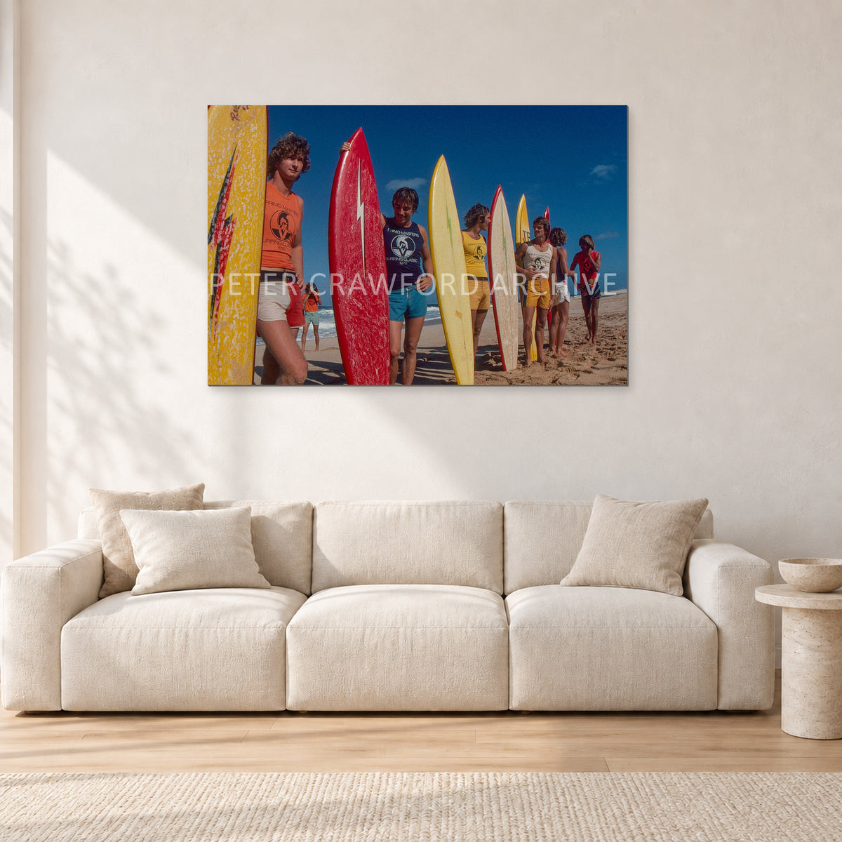 Pipe 76 Rory Russell Mike Armstrong Paul Naude by Peter Crawford — 120 × 80 cm, aluminium-mounted resin print, shown in a light minimalist living room.