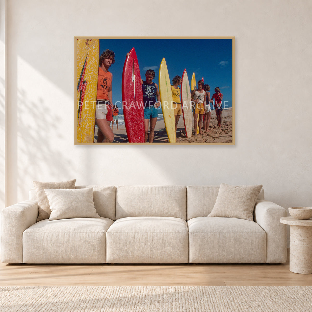 Pipe 76 Rory Russell Mike Armstrong Paul Naude by Peter Crawford — 120 × 80 cm, hayseed frame, shown in a light minimalist living room.