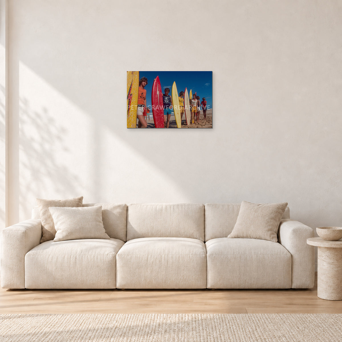 Pipe 76 Rory Russell Mike Armstrong Paul Naude by Peter Crawford — 60 × 40 cm, aluminium-mounted resin print, shown in a light minimalist living room.
