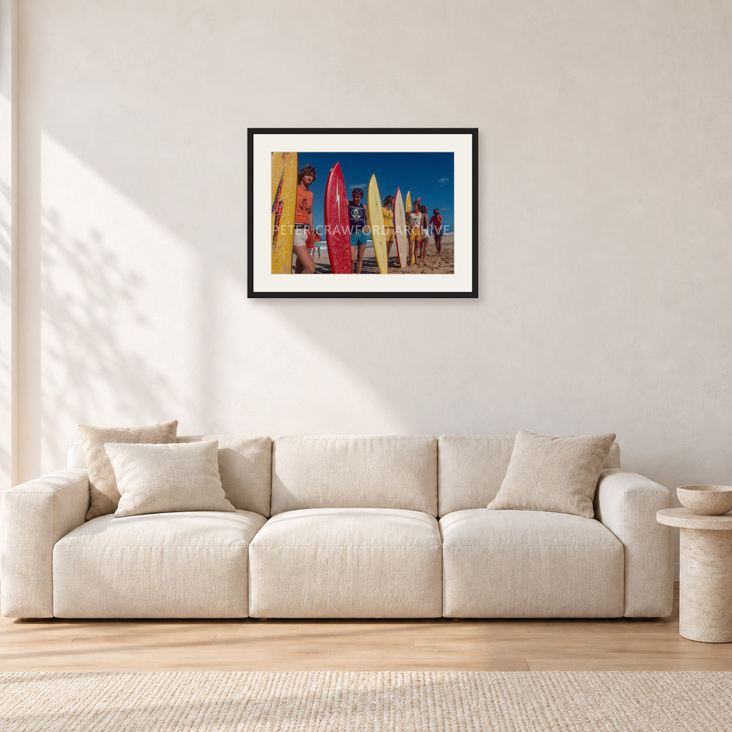 Pipe 76 Rory Russell Mike Armstrong Paul Naude by Peter Crawford — 60 × 40 cm, black frame with white mat, shown in a light minimalist living room.