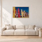Pipe 76 Rory Russell Mike Armstrong Paul Naude by Peter Crawford — 90 × 60 cm, hayseed frame, shown in a light minimalist living room.