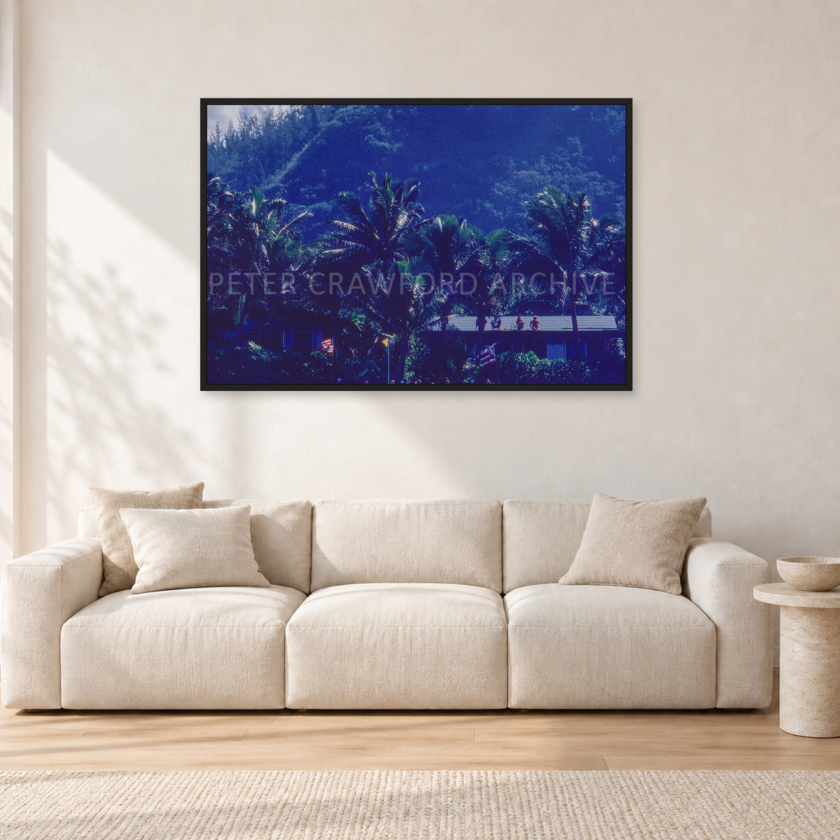 Pipe Final Crowd by Peter Crawford — 120 × 80 cm, black frame, shown in a light minimalist living room.