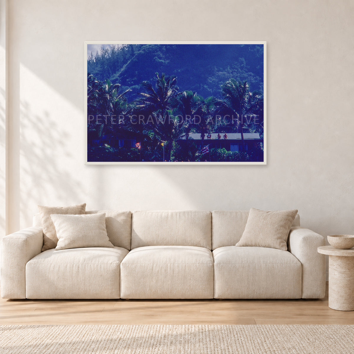 Pipe Final Crowd by Peter Crawford — 120 × 80 cm, white frame, shown in a light minimalist living room.