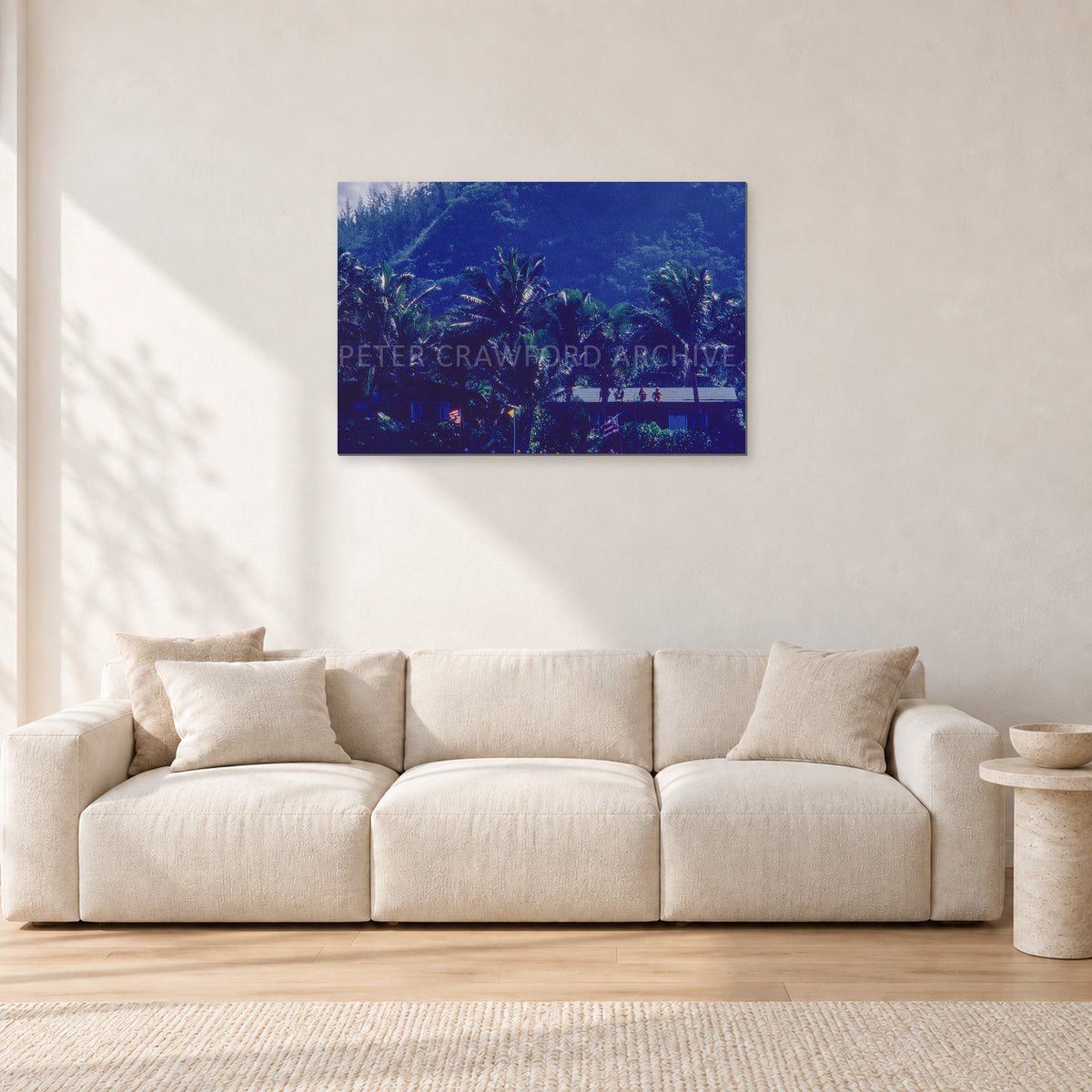 Pipe Final Crowd by Peter Crawford — 90 × 60 cm, aluminium-mounted resin print, shown in a light minimalist living room.