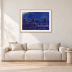 Pipe Final Crowd by Peter Crawford — 90 × 60 cm, hayseed frame with white mat, shown in a light minimalist living room.
