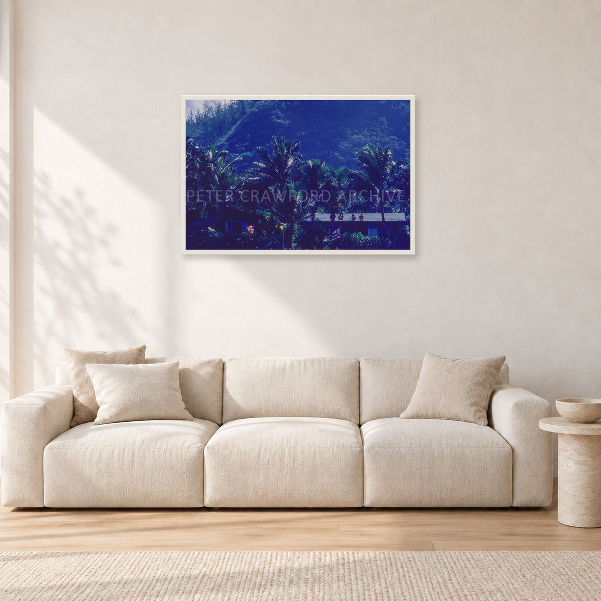 Pipe Final Crowd by Peter Crawford — 90 × 60 cm, white frame, shown in a light minimalist living room.