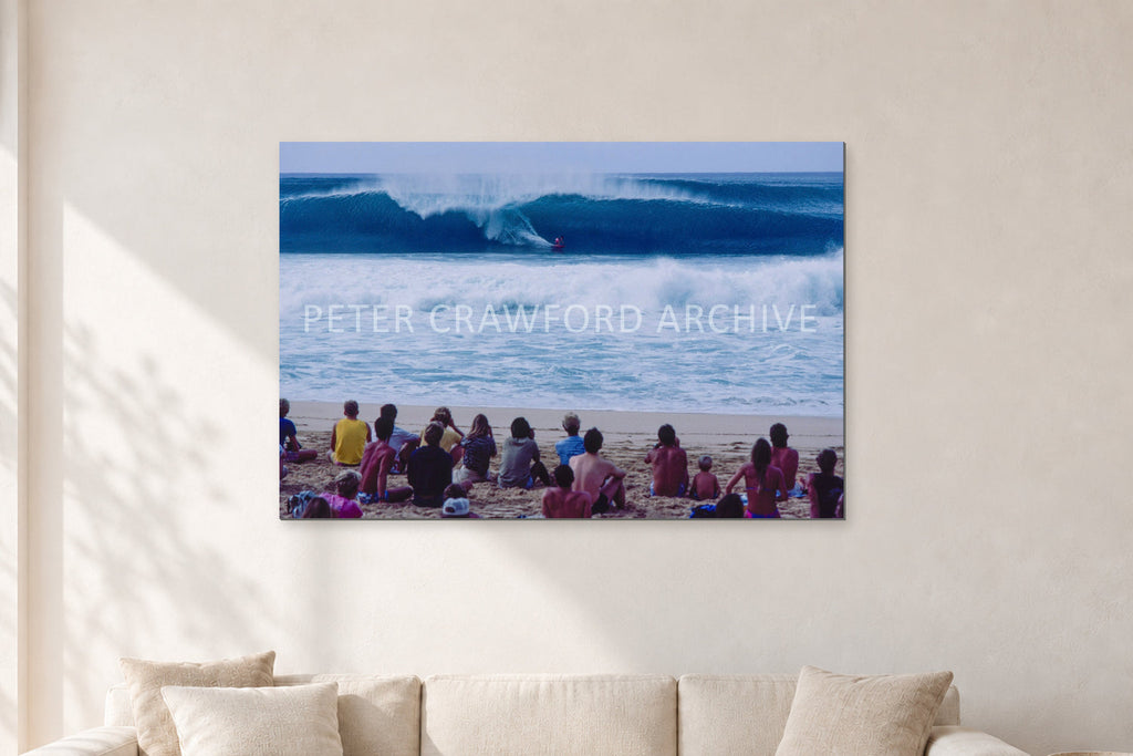 Pipe Masters, Pipeline 1988 by Peter Crawford — 120 × 80 cm, aluminium-mounted resin print, shown in a light minimalist living room.